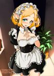  1girl alternate_costume apron black_dress blonde_hair blush breasts buttons cleavage collarbone commentary dress english_commentary enmaided forehead green_eyes hand_on_own_chest indoors looking_at_viewer maid maid_headdress medium_breasts open_mouth pointy_ears princess_zelda puffy_short_sleeves puffy_sleeves short_hair short_sleeves snegovski solo the_legend_of_zelda the_legend_of_zelda:_breath_of_the_wild the_legend_of_zelda:_breath_of_the_wild_2 waist_apron white_apron wrist_cuffs 