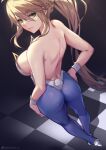  1girl absurdres animal_ears artoria_pendragon_(fate) artoria_pendragon_(swimsuit_ruler)_(fate) ass backless_leotard bangs blonde_hair blue_pantyhose braid breasts checkered_floor closed_mouth crown_braid fate/grand_order fate_(series) from_above gold_trim green_eyes hair_between_eyes hand_on_hip high_heels highres large_breasts lips long_hair looking_at_viewer looking_back looking_up pantyhose playboy_bunny ponytail queasy_s rabbit_ears rabbit_tail sideboob sidelocks solo tail very_long_hair wrist_cuffs 