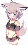  1girl :d absurdres ahoge animal_ear_fluff animal_ears arknights arms_behind_back bangs bare_shoulders bikini black_bikini blue_eyes blush breasts cropped_legs eyebrows_hidden_by_hair fox_ears fox_girl fox_tail grey_hair hair_between_eyes hair_ornament hairclip highleg highleg_bikini highres looking_at_viewer low_twintails navel rebaa saliva see-through short_twintails simple_background small_breasts smile solo sussurro_(arknights) swimsuit tail twintails white_background x_hair_ornament 