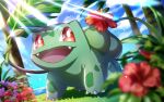  bright_pupils bulbasaur claws cloud commentary_request day fangs flower grass happy no_humans open_mouth outdoors pokemon pokemon_(creature) red_eyes red_flower sky solo tomatsukaze tongue white_pupils 