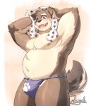  anthro canid canine clothed clothing kamyuelo lifewonders looking_at_viewer male mammal moritaka nipples partially_clothed scar solo tokyo_afterschool_summoners towel underwear video_games wet 