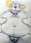  2022 anthro belly big_belly bulge clothing eating food fruit hat headgear headwear hi_res humanoid_hands kemono male mammal melon moobs navel nipples overweight overweight_male plant question_mark solo straw_hat suishou0602 underwear ursid watermelon watermelon_slice 