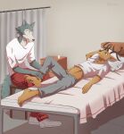  anthro antlers barefoot beastars bed bottomwear brown_body brown_fur canid canine canis cervid cervine chair clothed clothing digital_media_(artwork) duo feet fingers footwear fur furniture grey_body grey_fur hand_on_leg hi_res holding_leg horn legoshi_(beastars) looking_at_another louis_(beastars) lying male mammal midriff on_back pants pillow red_deer shirt shoes simple_background sitting toes tommysamash topwear wolf 