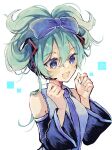  1girl :d bangs bare_shoulders blue_bow blue_eyes blue_nails blue_necktie blue_sleeves blush bow cinnamiku collared_shirt commentary_request detached_sleeves green_hair grey_shirt hair_between_eyes hair_bow hatsune_miku highres long_sleeves nail_polish naoton necktie shirt simple_background sleeveless sleeveless_shirt smile solo upper_body vocaloid white_background wide_sleeves 