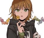  1girl :o bangs black_hoodie brown_hair candy casual chupa_chups commentary drawstring food green_eyes hair_ornament hairclip hand_up holding holding_candy holding_food holding_lollipop hood hood_down hoodie lollipop long_sleeves looking_at_viewer nana_0253 osano_rui short_hair simple_background sleeves_past_wrists solo white_background world_trigger x_hair_ornament 