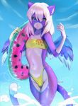  anthro bikini clothing domestic_cat felid feline felis floatie fur girly hair hi_res male mammal nicoya purple_body purple_fur sky solo swimwear targso wet wet_body wet_fur white_hair wings 