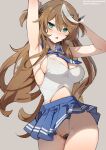  1girl absurdres armpits arms_behind_head arms_up bangs bare_shoulders blue_skirt blush breasts brown_hair cleavage cowboy_shot detached_collar frown green_eyes hair_between_eyes hair_ornament hair_ribbon heart_maebari heart_pasties high-waist_skirt highleg highleg_panties highres large_breasts long_hair looking_at_viewer miniskirt multicolored_hair neckerchief open_mouth original panties pasties pleated_skirt ribbon sailor_collar sideboob simao_(x_x36131422) skirt solo streaked_hair thighs two_side_up underwear v-shaped_eyebrows very_long_hair white_hair 