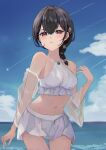  1girl absurdres bangs black_hair blue_sky blush braid cloud frilled_swimsuit frills hair_between_eyes hair_ornament highres hz_paris idolmaster idolmaster_shiny_colors long_hair looking_at_viewer morino_rinze navel ocean outdoors parted_lips red_eyes sky solo standing swimsuit white_swimsuit 