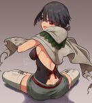  1girl bangs belt black_hair black_shirt breasts butt_crack cloak commentary_request full_body grey_background grey_shorts grey_thighhighs highres irokohaku long_hair looking_back open_mouth pokemon pokemon_(game) pokemon_oras red_belt red_eyes rope_belt shirt short_shorts shorts sitting smile solo thighhighs tongue zinnia_(pokemon) 