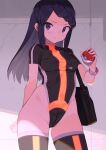  1girl bag black_eyes black_hair black_leotard black_thighhighs breasts closed_mouth covered_nipples dawn_(pokemon) highleg highleg_leotard highres holding holding_poke_ball leotard long_hair looking_at_viewer medium_breasts poke_ball poke_ball_(basic) pokemon pokemon_(game) pokemon_bdsp solo spring2013 thighhighs thighs 