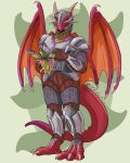  absurd_res anthro armor blep breastplate claws dragon forked_tongue front_view grey_breastplate grey_helmet hi_res imperatorcaesar male membrane_(anatomy) membranous_wings orange_wings pink_tongue plant plant_pot potted_plant red_body red_tail sharp_teeth smile solo spiked_tail spikes spikes_(anatomy) standing teeth toe_claws tongue tongue_out wings 
