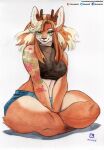  absurd_res anthro bottomwear breasts brown_body brown_fur cervid clothed clothing female fur hi_res mammal murazaki shirt shorts simple_background sitting solo topwear white_background 
