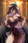  1girl ahoge albedo_(overlord) bangs bare_shoulders black_dress black_hair black_wings blush breasts cleavage demon_girl demon_horns dress feathered_wings foxyreine gloves hair_between_eyes highres horns large_breasts long_hair looking_at_viewer open_mouth overlord_(maruyama) smile solo thighs wings yellow_eyes 