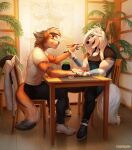  5_fingers anthro blue_eyes canid canine canis chair clothed clothing domestic_dog duo ear_piercing ear_ring eyebrows eyelashes fingers footwear fur furniture hand_holding hi_res male mammal piercing poofroom ring_piercing shoes sitting smile table white_body white_fur 