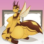  absurd_res anthro arthropod bed bee bee_berry big_butt butt fangs female furniture hasbro hi_res huge_butt hymenopteran insect kneeling looking_at_viewer my_little_pony nipples pillow queenkittyok simple_background slightly_chubby smile smile_at_viewer solo 
