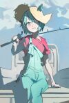  1girl animal_ears aqua_hair aqua_pants arm_support bangs crossed_bangs day feet_out_of_frame fishing_rod green_eyes ground_vehicle hat holding holding_fishing_rod horse_ears horse_girl light_blush looking_at_viewer motor_vehicle oteyawara-kani over_shoulder pickup_truck red_shirt seiun_sky_(umamusume) shade shadow shirt short_hair short_sleeves sitting sitting_on_car sketch smile solo straw_hat suspenders suspenders_slip truck umamusume 