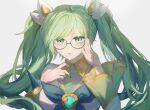  1girl :o bangs bare_shoulders black-framed_eyewear bow bowtie breasts collared_shirt detached_sleeves gem green_bow green_bowtie green_hair grey_background hair_ornament hands_up highres kaedetou large_breasts league_of_legends long_hair long_sleeves open_mouth round_eyewear shirt simple_background sona_(league_of_legends) star_guardian_sona twintails 