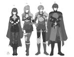  2boys 2girls armor artist_request breasts byleth_(fire_emblem) byleth_(fire_emblem)_(female) byleth_(fire_emblem)_(male) cape closed_mouth dual_persona fire_emblem fire_emblem:_three_houses fire_emblem_warriors:_three_hopes gloves hair_ornament height_difference highres holding long_hair long_sleeves looking_at_viewer medium_hair monochrome multiple_boys multiple_girls shez_(fire_emblem) shez_(fire_emblem)_(female) shez_(fire_emblem)_(male) short_hair simple_background smile 
