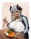  1girl blush breasts chopsticks dark-skinned_female dark_skin demon_girl eating food grey_hair highres horns huge_breasts ichika_(ichika_manga) jacket long_hair long_pointy_ears noodles open_clothes open_jacket original pointy_ears ramen shirt slit_pupils solo thick_eyebrows white_shirt yellow_eyes 