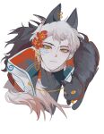  1boy absurdres amber_eyes bishounen black_cat cat doupichipizi facial_mark fang fang_out frantic_stagehand highres looking_at_viewer male_focus sky:_children_of_the_light solo white_background white_hair yellow_eyes 