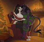  anthro armchair big_breasts black_hair breasts candle canid canine canis chair christmas christmas_clothing christmas_tree cleavage clothed clothing countershade_torso countershading curvy_figure domestic_cat duo felid feline felis female female/female fireplace footwear forked_tail fur fur_markings furniture giant_panda gift_wrapped greasymojo hair hand_on_side hi_res holidays huge_breasts hybrid ikusame intersex_(lore) kers kissing_cheek mammal markings mug one_eye_closed plant sitting_in_lap socks tree unusual_anatomy unusual_tail ursid voluptuous white_body white_countershading wolf 
