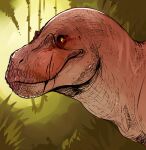 absurd_res ambiguous_gender closed_mouth dinosaur facial_markings feral glistening glistening_eyes grass head_markings hi_res imperatorcaesar markings mouth_closed orange_body orange_scales plant reptile scales scalie side_view 