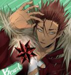  1boy aaron_(buddy_mission_bond) brown_hair buddy_mission_bond fur_trim green_background hiyoko_mochi jacket looking_at_viewer red_jacket scratches simple_background small_stellated_dodecahedron solo spiked_hair torn_clothes twitter_username upper_body 