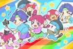  1boy 1girl ahoge blue_eyes blue_hair cellphone chibi clown green_eyes highres james_(pokemon) jessie_(pokemon) meowth morpeko notepad phone pink_hair poke_ball poke_ball_(basic) pokemon pokemon_(creature) rainbow rotom rotom_dex smartphone smile team_rocket umapoii wig wobbuffet youtube_creator_award 