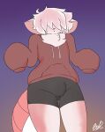  anthro arthropod beebreal bottomwear boy_shorts clothed clothing covered_eyes crustacean domestic_cat felid feline felis fur girly hair hi_res hoodie hybrid long_sleeves male mammal marine neck_tuft pink_body pink_fur pink_hair scales shorts shrimp simple_background spip(beebreal) topwear tuft underwear 