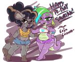  ambiguous_gender anthro birthday black_hair bottomwear clothing crop_top digital_media_(artwork) dragon duo ear_piercing erynerikard feet female freckles friendship_is_magic fur grey_body grey_fur hair hasbro heterochromia hi_res hotpants hyaenid lgbt_pride mammal midriff my_little_pony nonbinary_(lore) nonbinary_pride_colors piercing pride_colors purple_body purple_scales sabine_(erynerikard) scales shirt short_stack shorts smile spotted_hyena spyke_(saurian) topwear trans_(lore) trans_woman_(lore) transgender_pride_colors wide_hips 