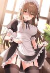  1girl apron bangs black_dress black_thighhighs blush breasts dress garter_straps highres kinona large_breasts long_hair looking_at_viewer maid maid_headdress open_mouth original puffy_short_sleeves puffy_sleeves short_sleeves solo thighhighs thighs white_apron 