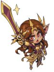  alternate_form arm_up armor armored_boots bangs boots brown_eyes brown_hair full_armor gauntlets gold_armor holding holding_sword holding_weapon league_of_legends leona_(league_of_legends) long_hair open_mouth parted_bangs phantom_ix_row pointy_ears shiny shiny_hair simple_background sparkle sword tongue weapon white_background yordle 