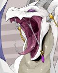  ambiguous_gender bodily_fluids cheek_horn chin_piercing dragon dripping glistening glistening_eyes glistening_tongue gold_(metal) gold_jewelry grey_horn hi_res horn horn_jewelry horn_ring imperatorcaesar jewelry mouth_shot open_mouth pink_sclera pupils purple_eyes red_tongue ring_(jewelry) saliva saliva_drip saliva_on_tongue saliva_string slit_pupils solo tongue white_body 