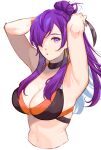  alternate_costume armpits bangs bikini fire_emblem fire_emblem:_three_houses fire_emblem_warriors:_three_hopes hair_bun hair_over_one_eye highres kh_(tanakananataka) looking_at_viewer navel open_mouth ponytail purple_eyes purple_hair shez_(fire_emblem) shez_(fire_emblem)_(female) single_hair_bun solo swimsuit upper_body 