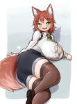  1girl absurdres animal_ear_fluff animal_ears ass breast_pocket breasts bright_pupils button_gap cleavage commission fang fox_ears fox_tail green_eyes grey_background heart highres huge_breasts ichika_(ichika_manga) lying on_side open_mouth original pocket red_hair shirt short_hair shorts simple_background smile solo tail thick_thighs thighhighs thighs white_shirt 