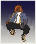  2022 5_fingers anthro clothed clothing digital_media_(artwork) ear_piercing ear_ring eyebrows eyelashes faint fingers footwear hair male mammal orange_hair piercing ring_piercing shoes smile solo ursid 