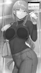  1girl absurdres bangs blush breasts cellphone closed_mouth commentary_request covered_navel gentsuki glasses greyscale highres holding holding_phone large_breasts long_hair long_sleeves looking_at_viewer monochrome original phone shirt_tucked_in smartphone solo translation_request 