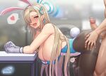  1boy 1girl animal_ears arms_on_table artist_name asuna_(blue_archive) asuna_(bunny)_(blue_archive) bent_over blonde_hair blue_archive blue_eyes blue_leotard blue_ribbon blurry blurry_background breasts brown_pantyhose censored cleavage commentary_request fake_animal_ears fake_tail fang feet_out_of_frame from_side furrowed_brow gloves gonster hair_over_one_eye hair_over_shoulder hair_ribbon halo hand_on_another&#039;s_ass hanging_breasts heart huge_breasts leotard long_hair looking_at_viewer mole mole_on_breast mosaic_censoring open_mouth out_of_frame pantyhose penis playboy_bunny rabbit_ears rabbit_tail ribbon see-through see-through_leotard signature speech_bubble spoken_heart sweat table tail thighband_pantyhose translucent_bunnysuit white_gloves 