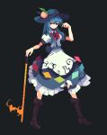  1girl 4qw5 black_background black_headwear blue_hair blue_skirt bow bowtie brown_footwear closed_mouth frilled_skirt frills full_body highres hinanawi_tenshi holding holding_sword holding_weapon long_hair looking_at_viewer pixel_art rainbow_order red_bow red_bowtie red_eyes short_sleeves simple_background skirt smile solo sword sword_of_hisou touhou weapon 