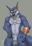  anthro balls canid canine canis erection genitals hi_res humanoid kahlu kneeling league_of_legends looking_at_viewer male mammal muscular muscular_male pecs penis penis_grab riot_games scar smile solo video_games warwick_(lol) wolf 