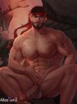  1boy abs aliast669 artist_name bara beard black_hair closed_mouth completely_nude erection facial_hair headband large_pectorals looking_at_viewer male_focus muscular muscular_male navel nipples nude pectorals penis red_headband ryu_(street_fighter) short_hair sitting smile solo street_fighter street_fighter_6 testicles 