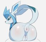  anus arteficialtrees blue_body blue_eyes blush butt eeveelution female feral genitals glaceon looking_at_viewer nintendo pok&eacute;mon pok&eacute;mon_(species) pussy raised_tail rear_view simple_background solo video_games white_background 