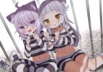  2girls :d @_@ ahoge animal_ear_fluff animal_ears bangs blush breasts cat_ears cat_girl crop_top crossed_bangs cuffs fang food grey_hair hair_between_eyes hair_bun handcuffs highres holding holding_food hololive long_hair long_sleeves looking_at_viewer medium_hair midriff multiple_girls murasaki_shion navel nekomata_okayu noi_mine onigiri onigirya_(nekomata_okayu) pants prison_clothes purple_eyes purple_hair shirt shorts single_side_bun sitting small_breasts smile striped striped_pants striped_shirt striped_shorts virtual_youtuber white_hair yellow_eyes younger 