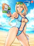  1girl artist_name beach blonde_hair blue_eyes blue_sky breasts cleavage closed_mouth cloud cloudy_sky day eyewear_on_head fingernails hand_up holding lips long_hair medium_breasts metroid mystra77 navel one-piece_swimsuit outdoors ponytail samus_aran sand see-through shiny shiny_skin shirt short_sleeves signature simple_background sky solo stomach sunglasses swimsuit thighs water_gun 