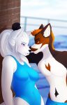  anthro canid canine canis clothing dripping dripping_wet duo female hi_res kabedon male male/female mammal romantic romantic_couple ruruscube school swimming swimming_pool swimwear wet wolf 