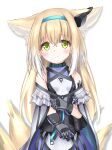  1girl alternate_hairstyle animal_ear_fluff animal_ears arknights bangs bare_shoulders black_gloves blonde_hair blue_hairband blush breasts cloak closed_mouth commentary_request covered_collarbone fox_ears fox_girl fox_tail gloves green_eyes hair_between_eyes hairband highres infection_monitor_(arknights) kitsune langley1000 long_hair looking_at_viewer oripathy_lesion_(arknights) purple_shirt purple_skirt revision shirt simple_background skirt sleeveless sleeveless_shirt small_breasts smile solo suzuran_(arknights) tail very_long_hair white_background white_cloak white_shirt 
