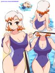  1girl ahoge ass bangs breasts chibi cleavage closed_mouth clothes_pull covered_navel dashi english_commentary expressionless highres liz_(dashi) looking_at_viewer medium_breasts multicolored_hair multiple_views one-piece_swimsuit orange_hair original poolside short_hair sitting smile swimsuit swimsuit_pull two-tone_hair web_address white_hair 
