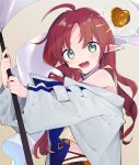  1girl :d ahoge apple arknights bangs bare_shoulders blush ear_piercing flag food fruit green_eyes highres holding holding_flag jacket long_hair long_sleeves looking_at_viewer maguro_kan myrtle_(arknights) open_clothes open_jacket open_mouth parted_bangs piercing pointy_ears red_hair smile solo upper_body v-shaped_eyebrows white_jacket 