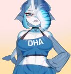  2022 anthro blue_body blue_bottomwear blue_clothing blue_eyes blue_tail blue_topwear bottomwear breasts clothed clothing collarbone drunk_oak female fish front_view fully_clothed hi_res humanoid_face marine midriff pose pseudo_hair solo striped_body stripes teeth topwear 