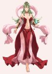  1girl alternate_costume armlet bangs bare_shoulders barefoot bracelet breasts closed_mouth collar collarbone commentary cosplay dragonstone dress earrings english_commentary fire_emblem fire_emblem_awakening fire_emblem_heroes floating floating_object full_body green_eyes green_hair grey_background hair_between_eyes hair_ornament high_ponytail highres jewelry long_hair looking_at_viewer medium_breasts naga_(fire_emblem) naga_(fire_emblem)_(cosplay) navel open_clothes pelvic_curtain ponytail red_dress revealing_clothes sakuremi see-through sidelocks signature simple_background sleeveless sleeveless_dress smile solo stomach tiki_(fire_emblem) toes 